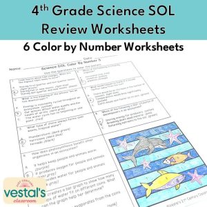 4th Grade Science SOL Review Worksheets: Color by Number